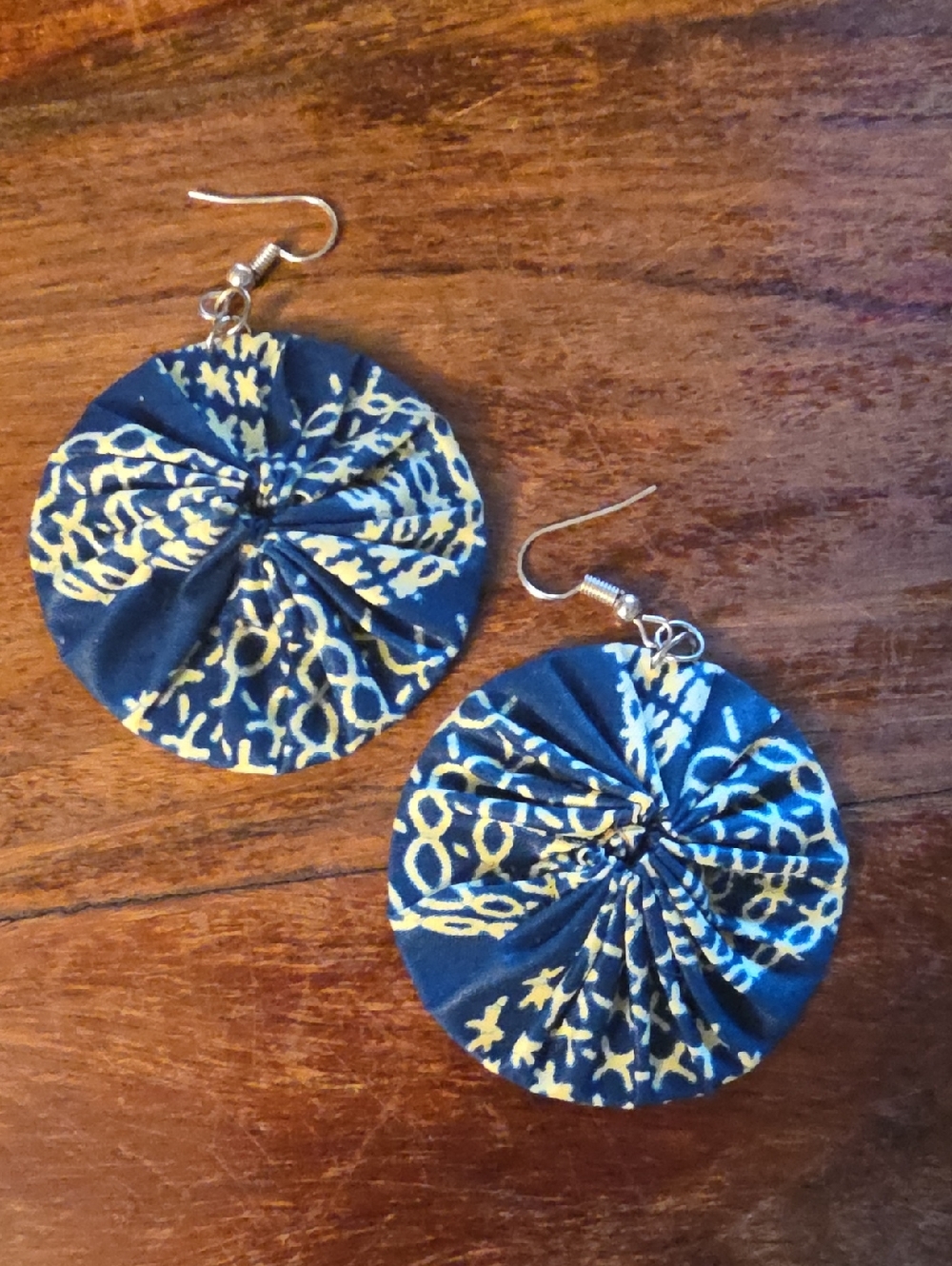 African Handmade Blue and Yellow Fabric Disc Earrings